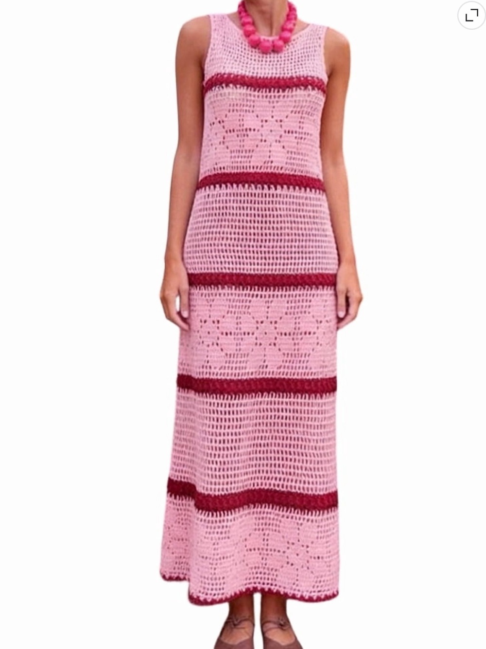 Sleeveless Pink Crochet Maxi Dress with Burgundy Stripe Details